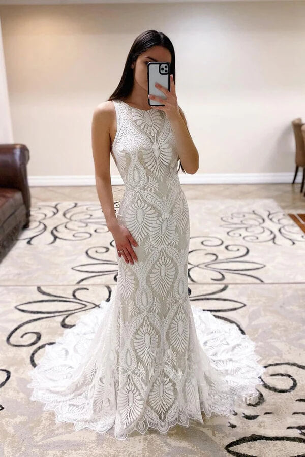 Sheath Open Back Lace Wedding Dresses With Court Train,  Bridal Dresses, MW738 | beach wedding dresses | cheap wedding dresses | wedding gowns | www.musebridals.com